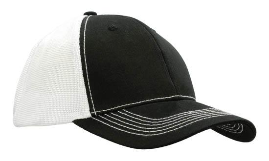 6 Panel Chino Twill Cap with Hi-Tech Mesh - Custom Embroidered - White With Black