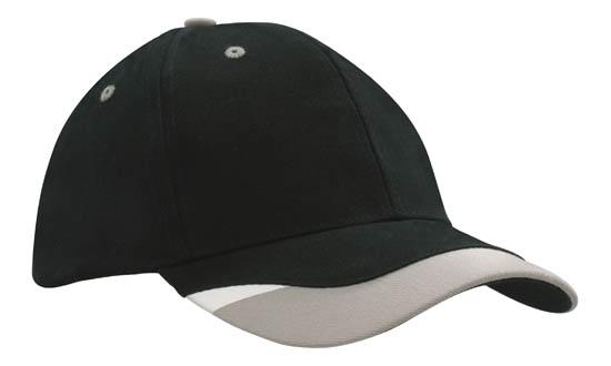 6 Panel BHC Cap with Peak Indent & Print - Custom Embroidered - Black With Gray And White