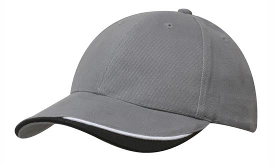 6 Panel HBC Cap with Peak Indent & Sandwich - Custom Embroidered - Gray With White And Black