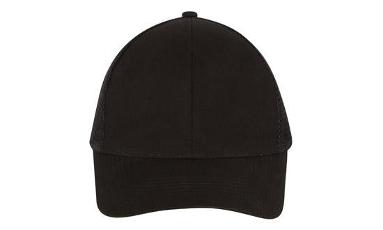 6 Panel Brush Cotton Cap with Mesh Back - Custom Embroidered - Black