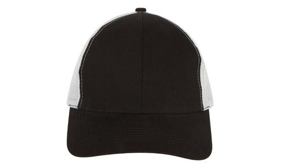 6 Panel Brush Cotton Cap with Mesh Back - Custom Embroidered - Black With Gray