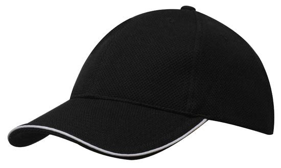 6 Panel Double Pique Mesh Cap with Sandwich - Custom Embroidered - Black With White