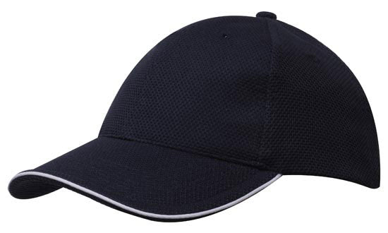 6 Panel Double Pique Mesh Cap with Sandwich - Custom Embroidered - Navy With White