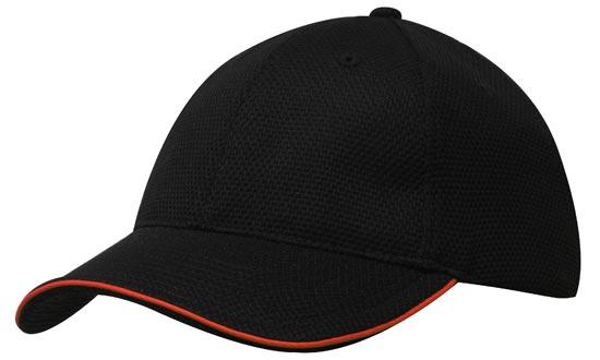 6 Panel Double Pique Mesh Cap with Sandwich - Custom Embroidered - Black With Red
