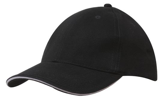 6 Panel Brush Heavy Cotton Sandwich Peak Cap - Custom Embroidered - Navy With White
