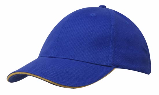 6 Panel Brush Heavy Cotton Sandwich Peak Cap - Custom Embroidered - Royal With Gold