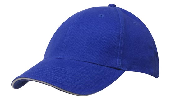 6 Panel Brush Heavy Cotton Sandwich Peak Cap - Custom Embroidered - Royal With White