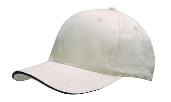 6 Panel Brush Heavy Cotton Sandwich Peak Cap - Custom Embroidered - Natural With Navy