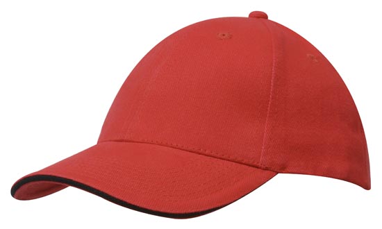 6 Panel Brush Heavy Cotton Sandwich Peak Cap - Custom Embroidered - Red With Black