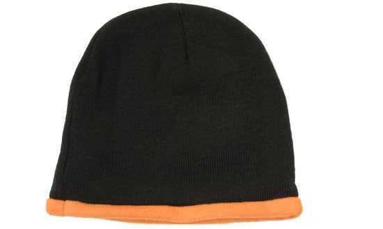 Acrylic-Polar Fleece Lined Beanie - Custom Embroidered - Black With Orange