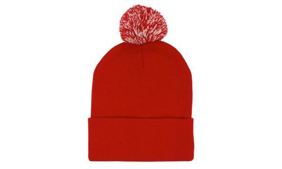 Knitted Acrylic Beanie with Pom Pom - Custom Embroidered - Red With White