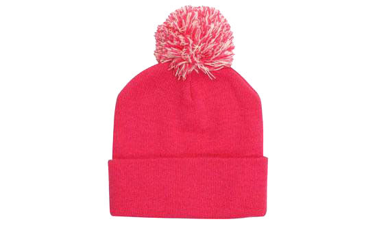 Knitted Acrylic Beanie with Pom Pom - Custom Embroidered - Pink With White