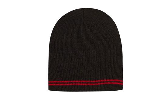 Skull Acrylic Beanie with - Stripes - Custom Embroidered - Black With Red