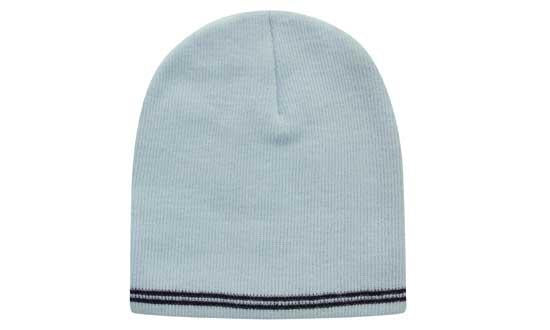 Skull Acrylic Beanie with - Stripes - Custom Embroidered - Powder Blue With Navy