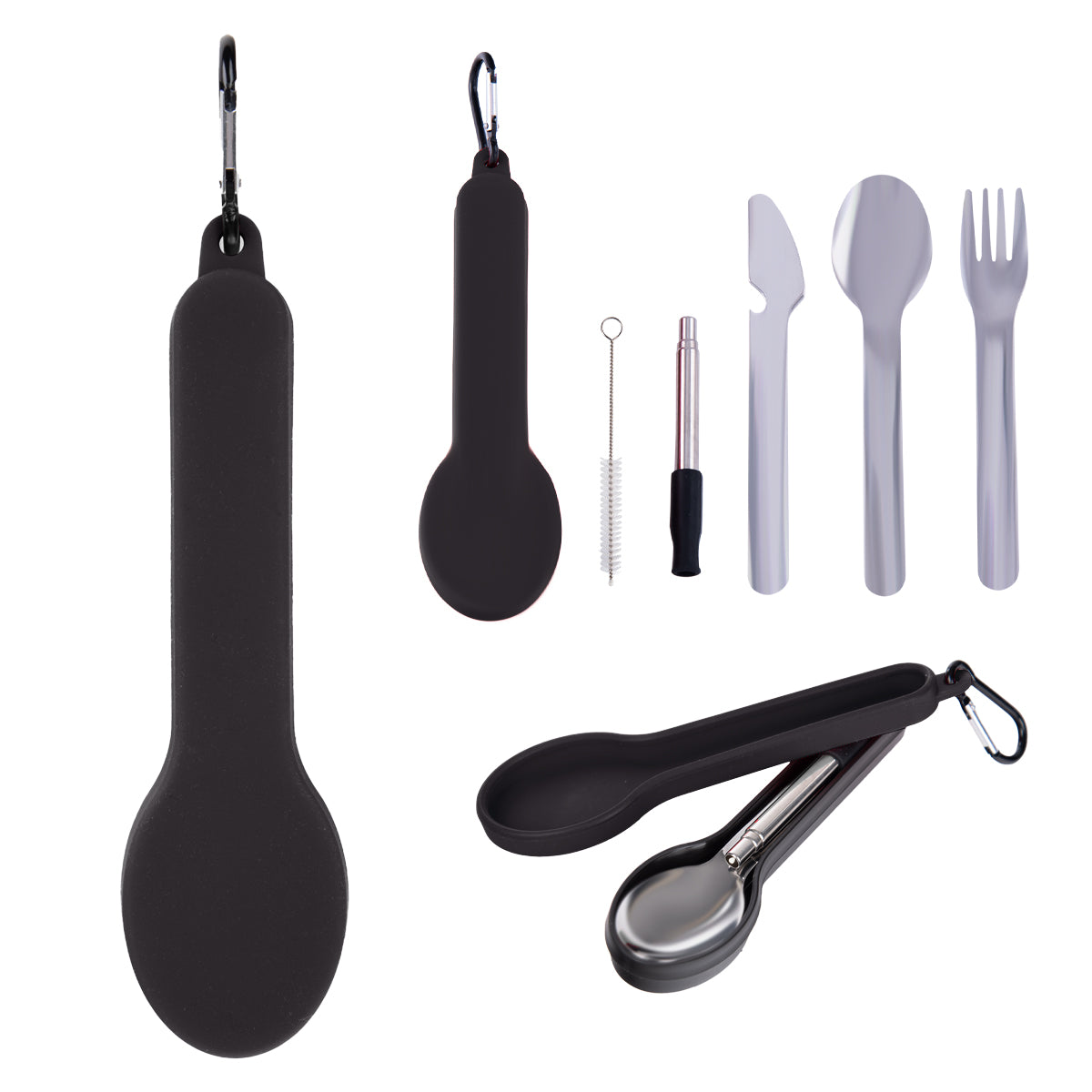Travel Utensil Set With Silicone Holder - Black