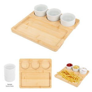 Bamboo Serving Tray With Ceramic Bowls - Natural