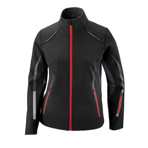 North End Ladies' Pursuit Three-Layer Light Bonded Hybrid Soft Shell Jacket with Laser Perforation - Black/ Olym Red