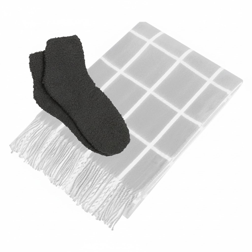Charleston Throw & Fuzzy Socks Set - Gray With White/Gray