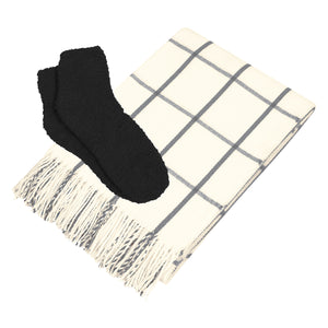 Charleston Throw & Fuzzy Socks Set - White With Gray/Black