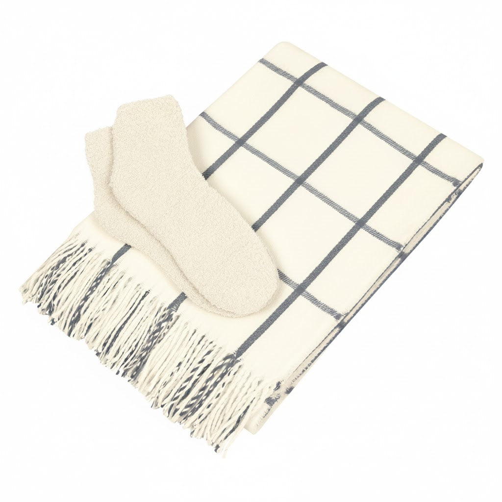 Charleston Throw & Fuzzy Socks Set - White With Gray/Ivory