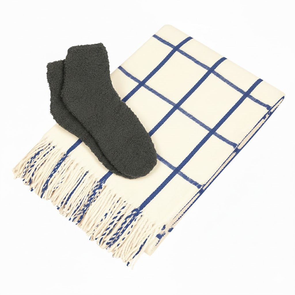 Charleston Throw & Fuzzy Socks Set - White With Navy Blue/Gray