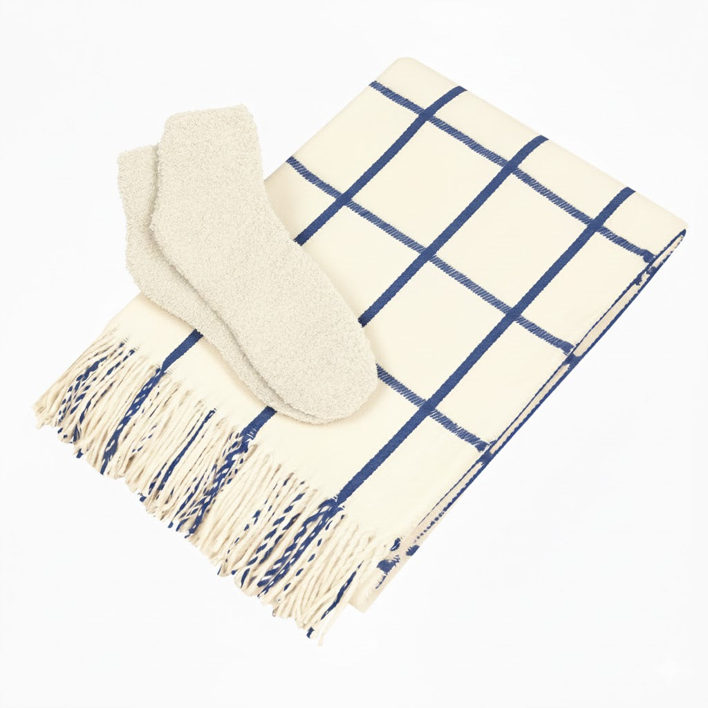Charleston Throw & Fuzzy Socks Set - White With Navy Blue/Ivory