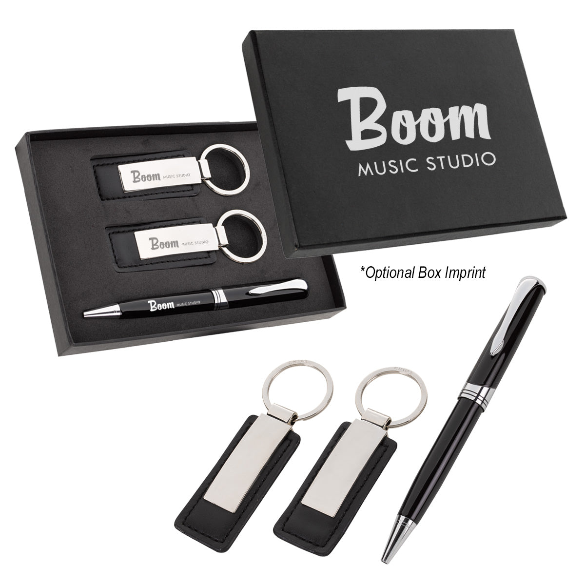 Executive Pen And Leatherette Key Tag Box Set - Black/Black With Silver