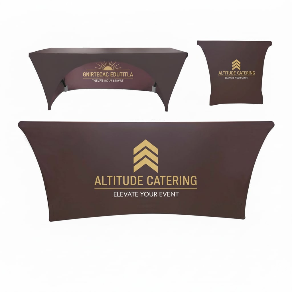 6’ Sublimated Table Cloth, Stretch Curved Fit, 3 Sided, Open Back