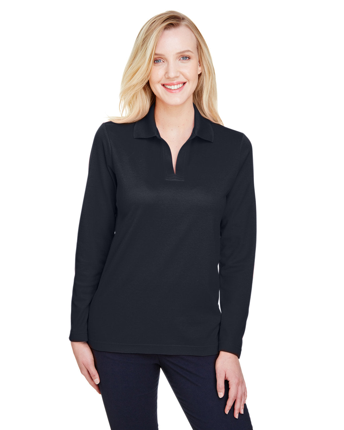 Devon & Jones CrownLux Performance® Ladies' Plaited Long Sleeve Polo - Black