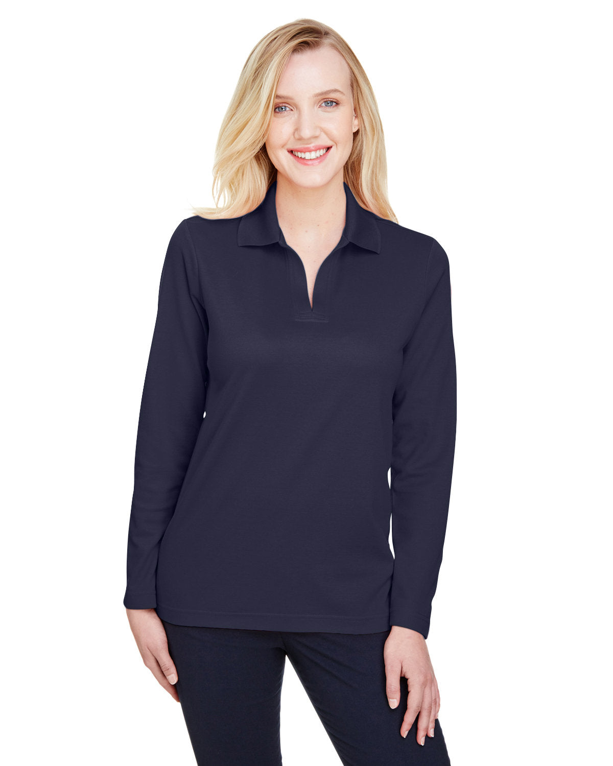 Devon & Jones CrownLux Performance® Ladies' Plaited Long Sleeve Polo - Navy