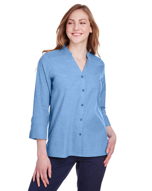 Devon & Jones Ladies' Crown Collection® Stretch Pinpoint Chambray Three-Quarter Sleeve Blouse - French Blue