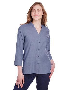 Devon & Jones Ladies' Crown Collection® Stretch Pinpoint Chambray Three-Quarter Sleeve Blouse - Navy