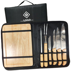 7 Piece Stainless Steel and Bamboo BBQ Set with Portable Carry Case