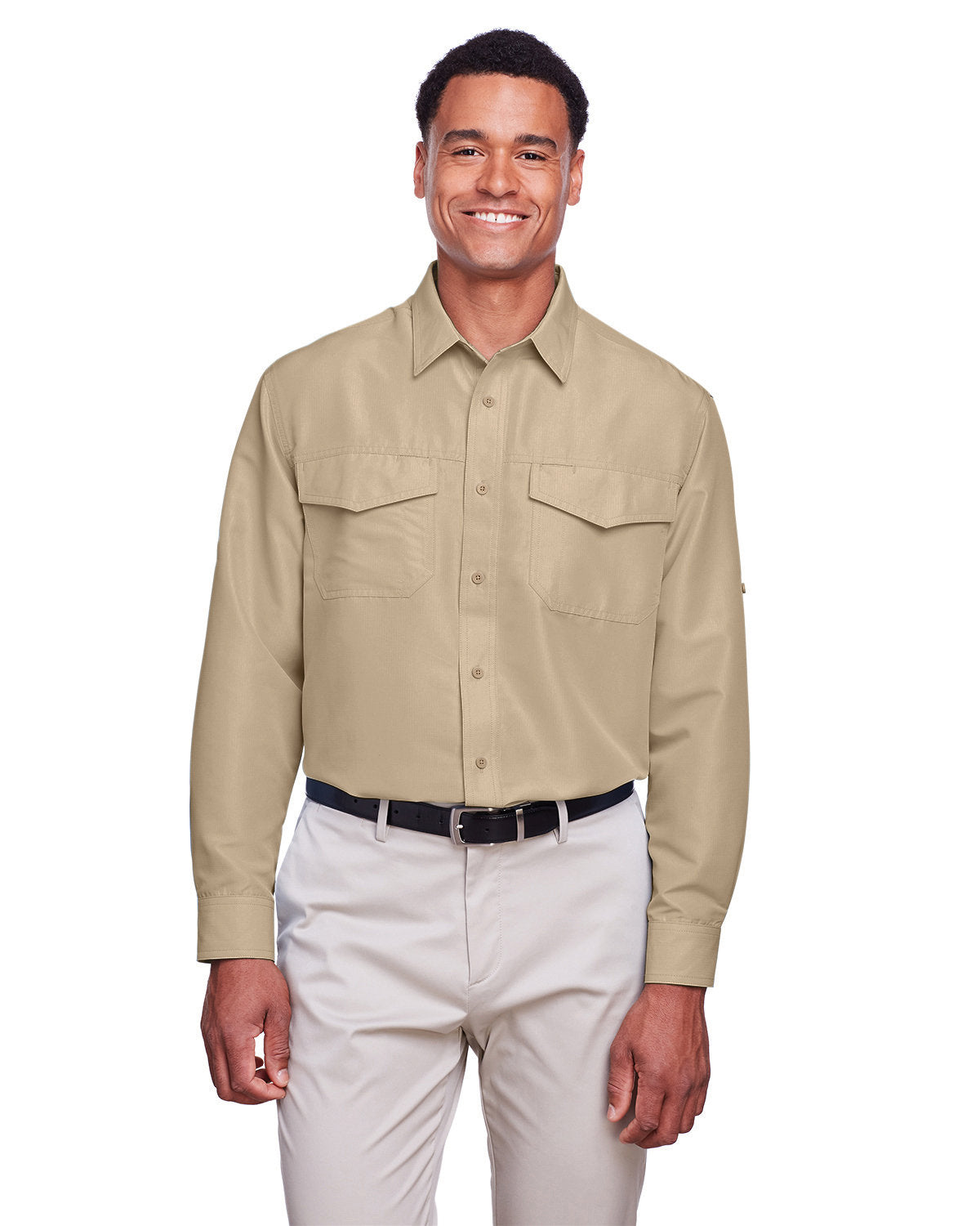 Harriton Men's Key West Long-Sleeve Performance Staff Shirt - Khaki