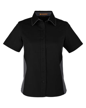 Harriton Ladies' Flash IL Colorblock Short Sleeve Shirt - Black/Dk Charcl