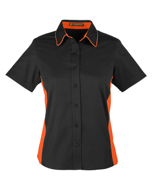 Harriton Ladies' Flash IL Colorblock Short Sleeve Shirt - Black/Tm Orange