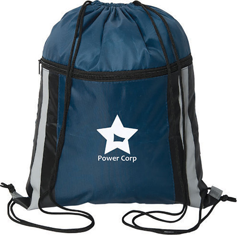 Zippered Reflective Cinch Backpack - Navy Blue/Black