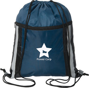 Zippered Reflective Cinch Backpack - Navy Blue/Black